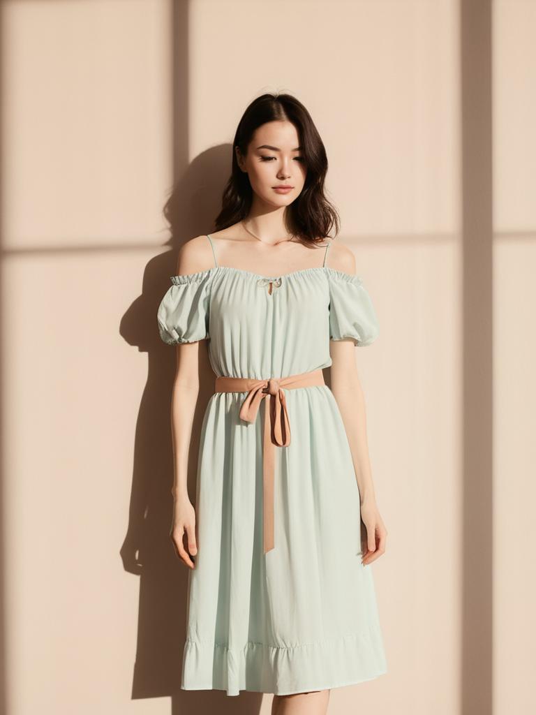 Bohemian Chic Woman in Pale Mint Green Off-the-Shoulder Midi Dress