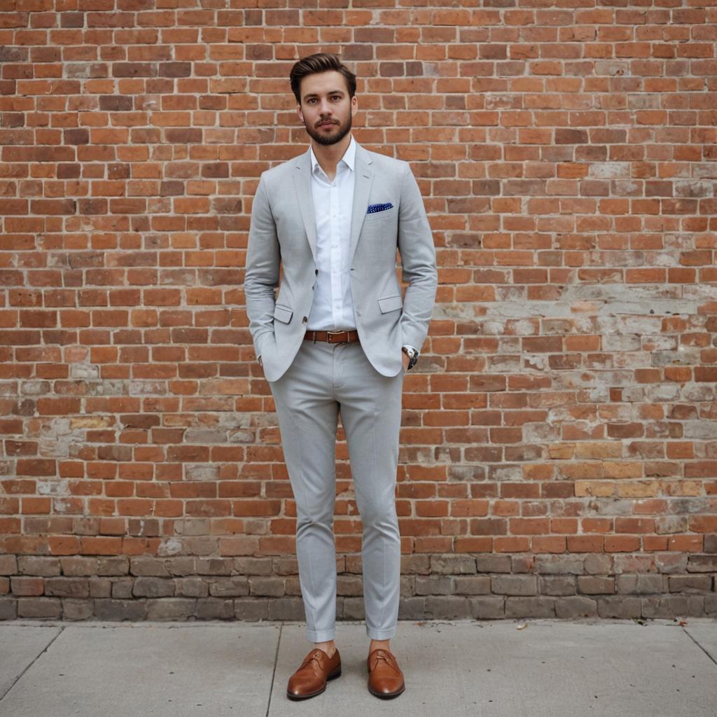 Man in Stylish Grey Suit Against Brick Wall