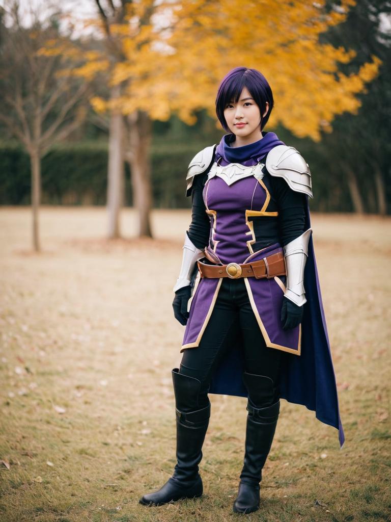 Morgan Female Fire Emblem Cosplay with Detailed Armor in Autumn Setting