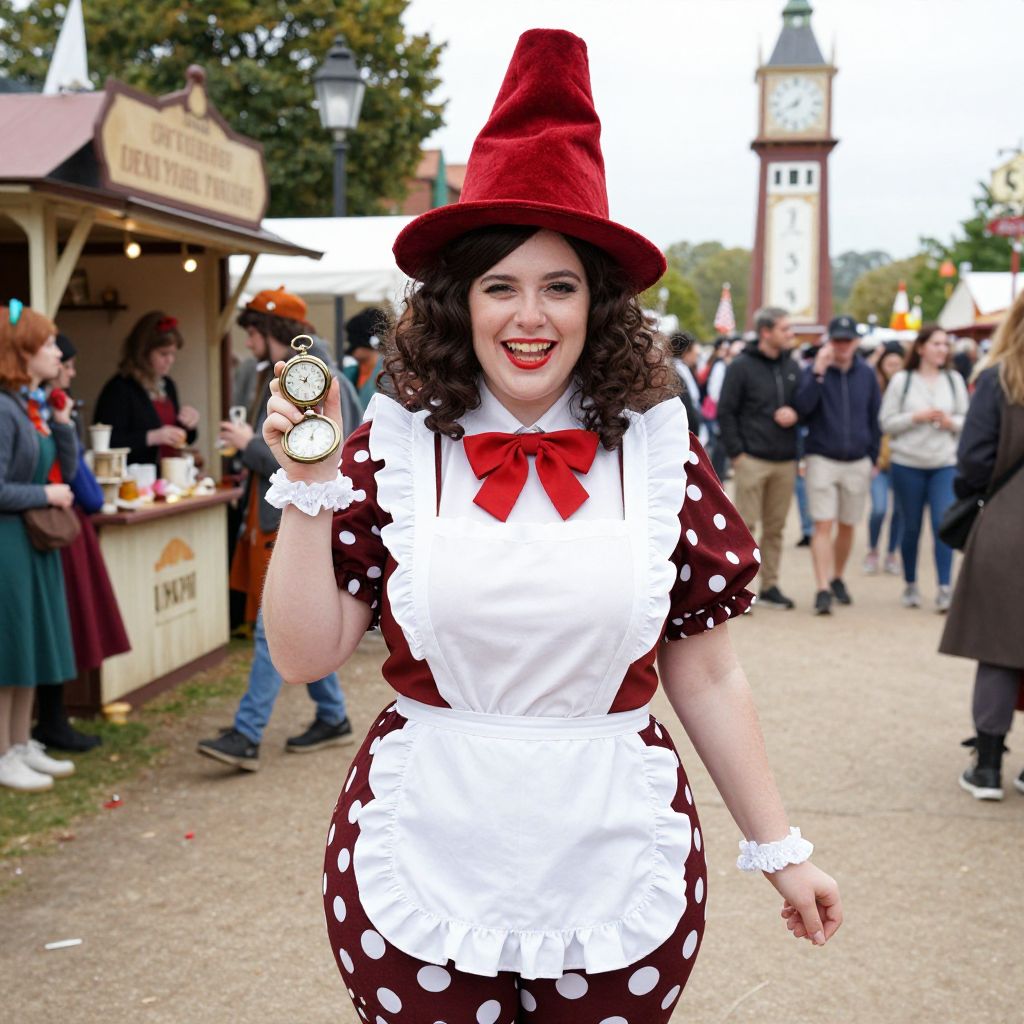 Happy Woman in Vintage Polka Dot Costume Holding Pocket Watch at Outdoor Fair