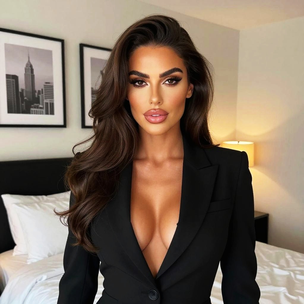 Confident Woman in Black Blazer with Deep Neckline Indoor Portrait