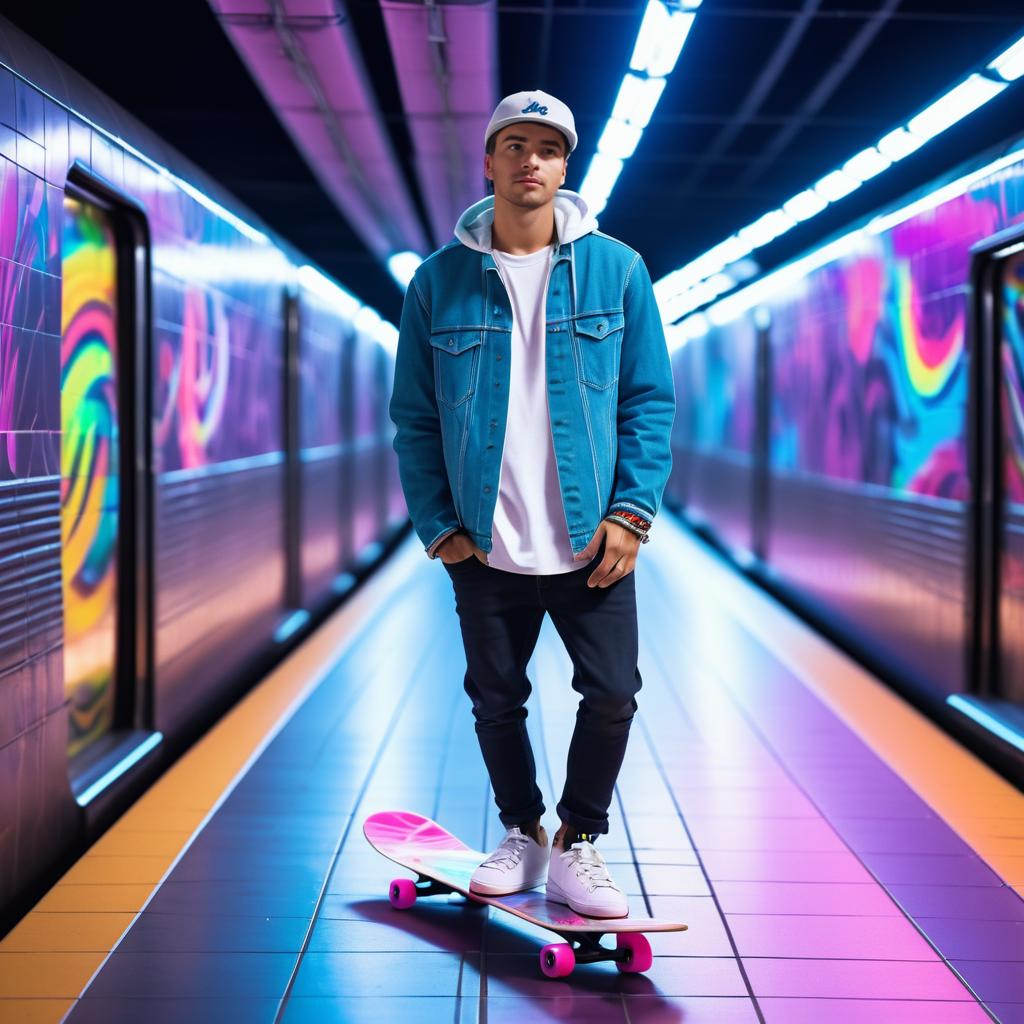 Young Man Skateboarding in Colorful Subway Tunnel