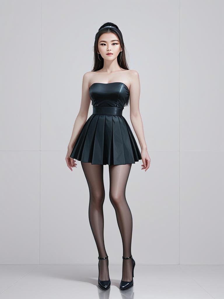 Woman in Modern Black Strapless Leather Dress and Sheer Stockings Full Body Shot