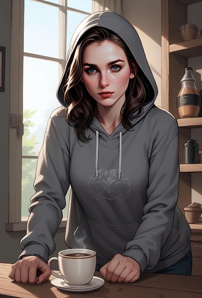 Woman in Gray Hoodie in Cozy Kitchen Woman in Gray Hoodie in Cozy Kitchen