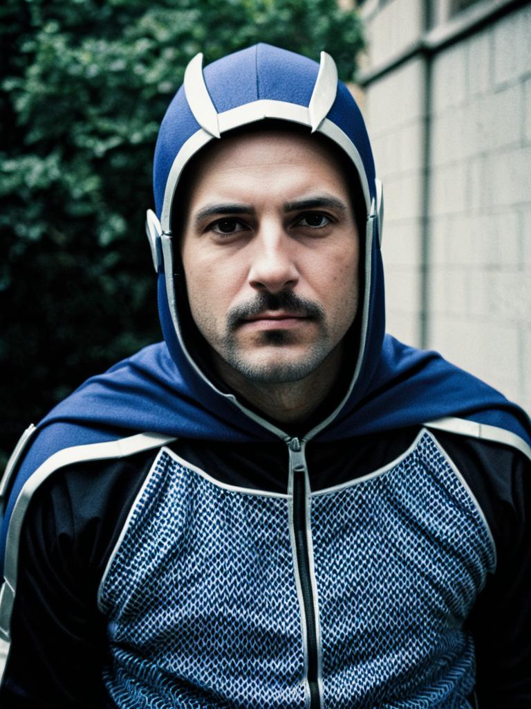 Man in Blue Jersey Costume Cosplay Editorial Portrait