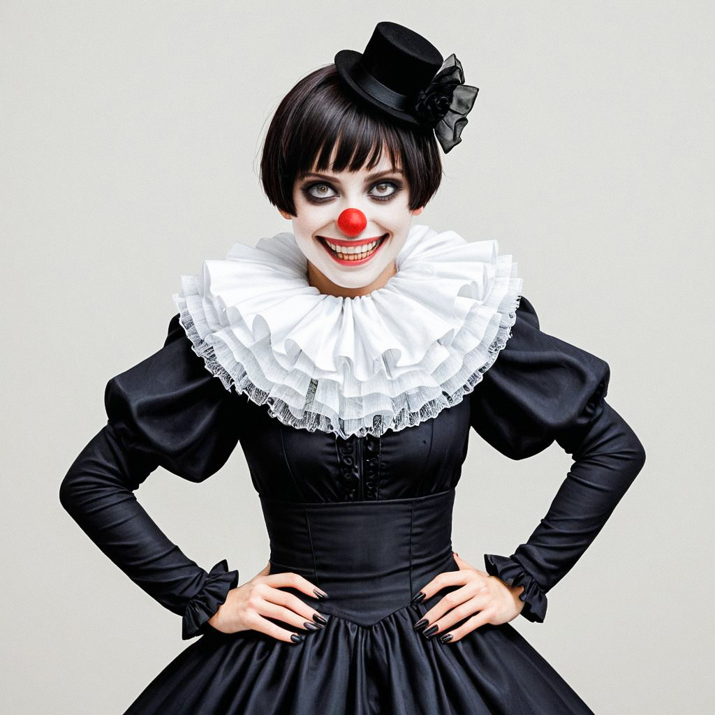 Elegant Vintage Clown Woman with Dramatic Makeup