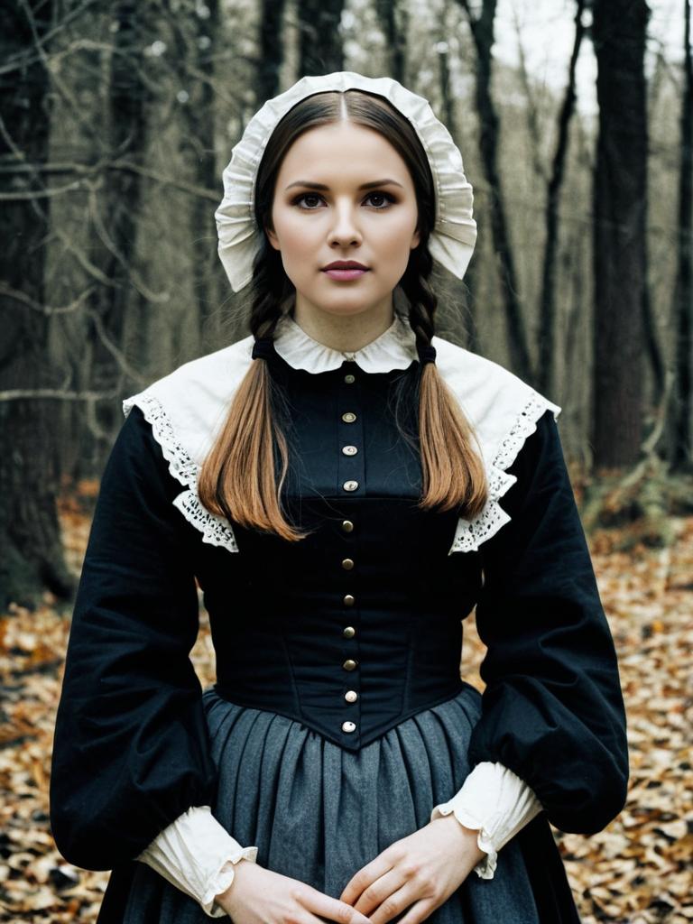 Young Woman in 19th Century Traditional Dress in Autumn Forest