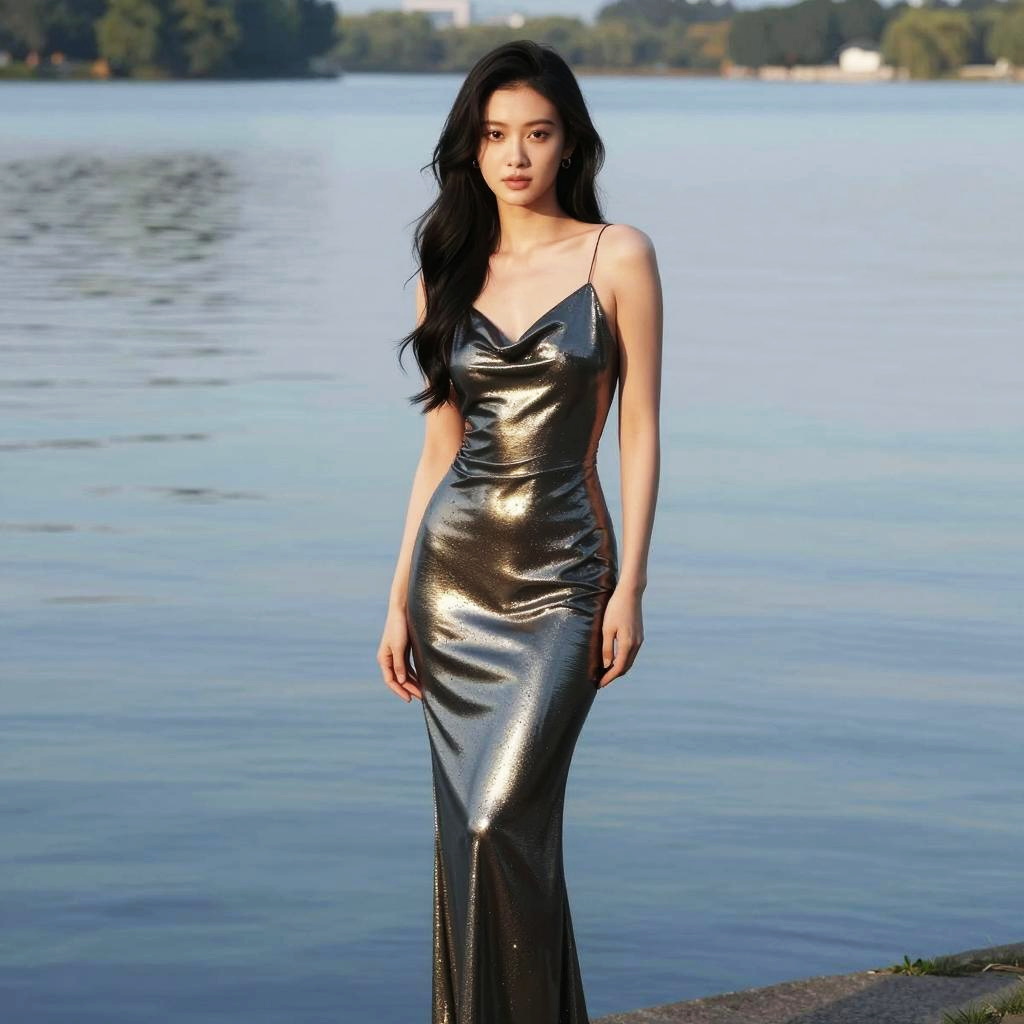 Elegant Young Woman in Metallic Silver Evening Gown by Lakeside