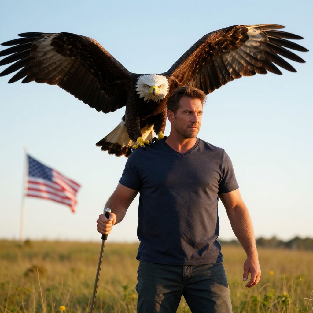 Man with Bald Eagle on Shoulder in Field with American Flag