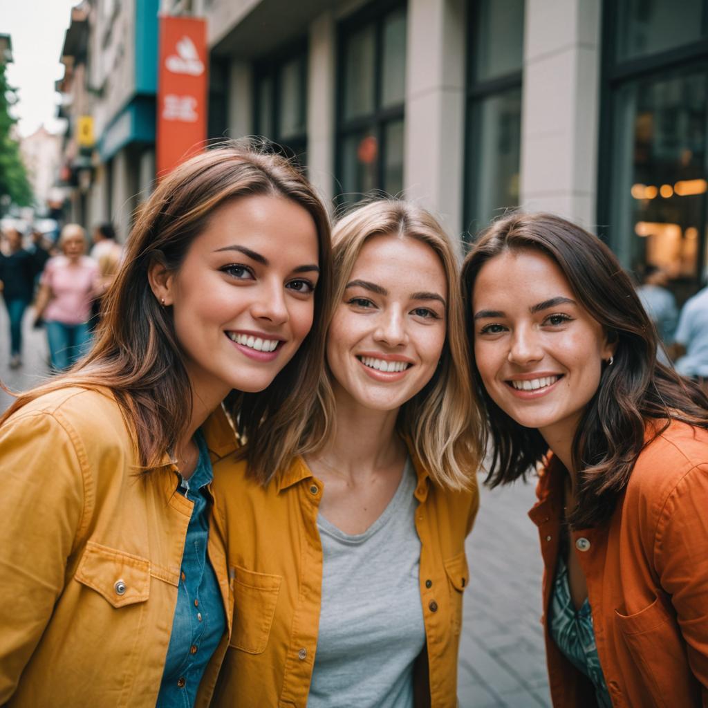 Cheerful Women Friends on City Street