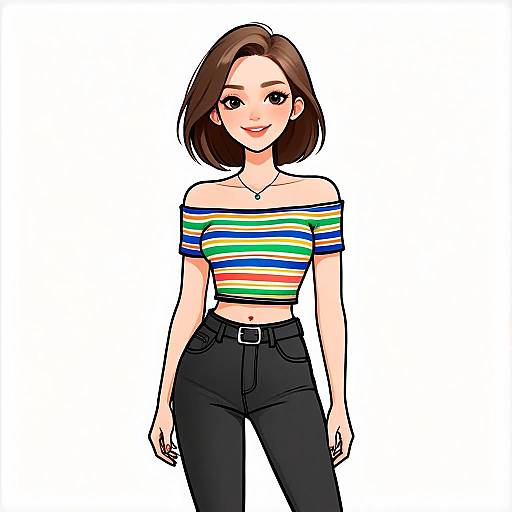Casual Chic Woman with Striped Crop Top and Black Pants Illustration