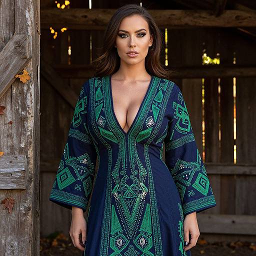 Woman Wearing Navy Blue and Green Embroidered Dress in Rustic Setting