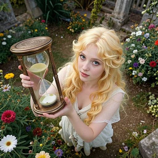Blonde Woman Holding Ornate Hourglass in Flower Garden