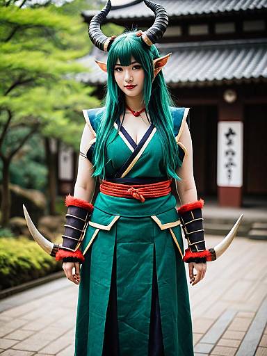 Moroboshi Ataru Cosplay with Horns and Elf Ears in Japanese Garden