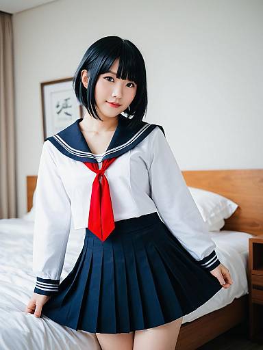Young Woman in Japanese Sailor School Uniform Indoors