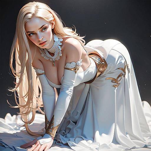 Photorealistic Anime Style Woman in Elegant White and Gold Fantasy Gown