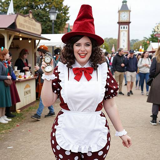 Happy Woman in Vintage Polka Dot Costume Holding Pocket Watch at Outdoor Fair