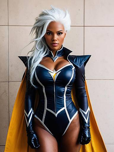 Realistic Storm Cosplay Woman in Black Bodysuit with Yellow Cape