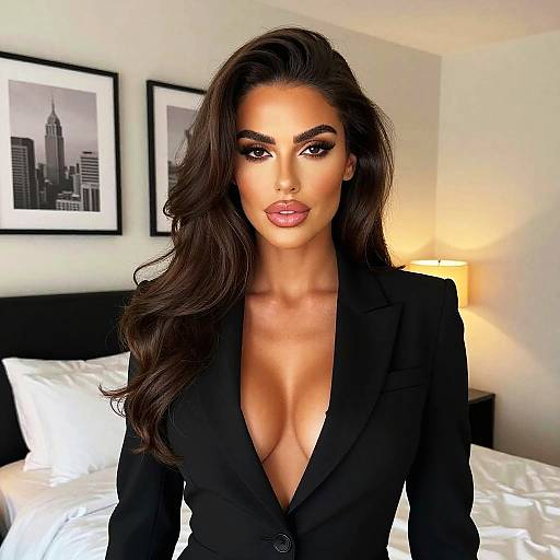 Confident Woman in Black Blazer with Deep Neckline Indoor Portrait
