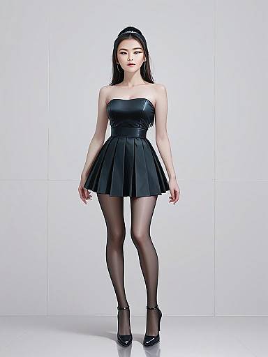 Woman in Modern Black Strapless Leather Dress and Sheer Stockings Full Body Shot