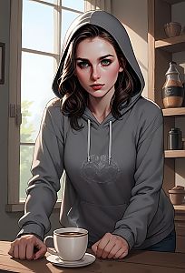 Woman in Gray Hoodie in Cozy Kitchen