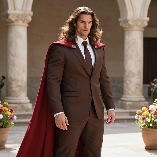 Man in Brown Suit and Red Cape Standing Outdoors in Elegant Courtyard