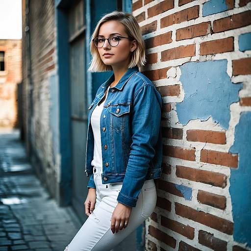 Stylish Young Woman in Denim Jacket Leaning on Rustic Brick Wall Urban Portrait