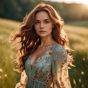 Young Woman in Floral Dress in Sunlit Field