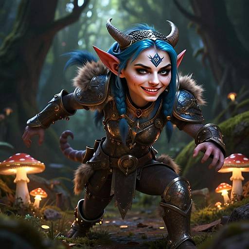 Fantasy Warrior Woman with Blue Hair and Horns in Enchanted Forest