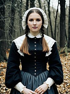 Young Woman in 19th Century Traditional Dress in Autumn Forest
