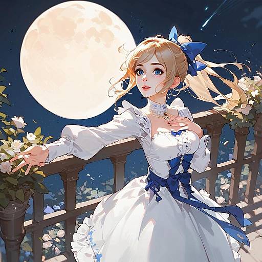 Elegant Anime Woman in White Dress with Blue Ribbons by Moonlight