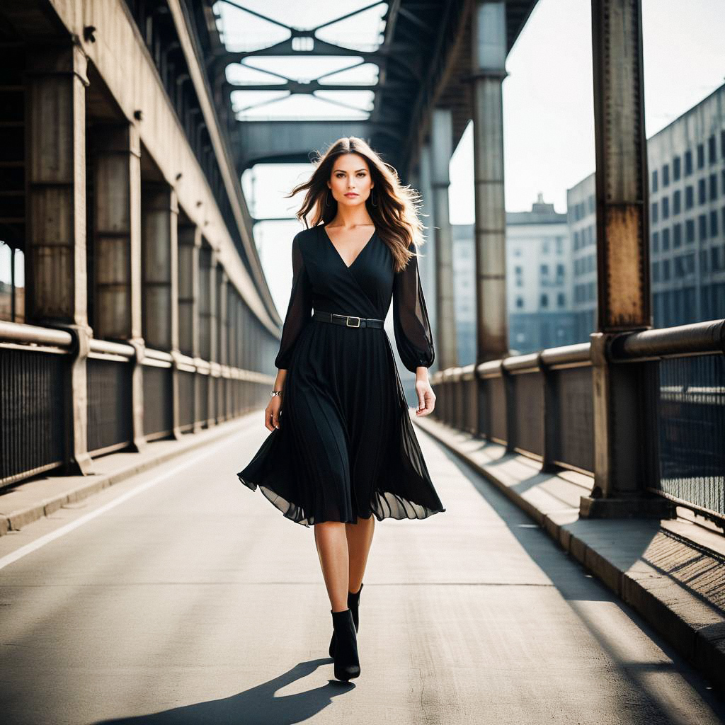 Confident Woman in Black Midi Dress on Urban Bridge Confident Woman in Black Midi Dress on Urban Bridge