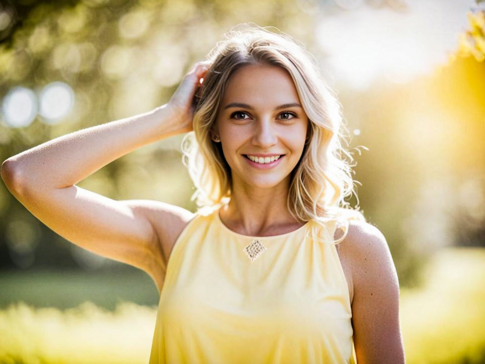 Cheerful woman in yellow dress outdoors