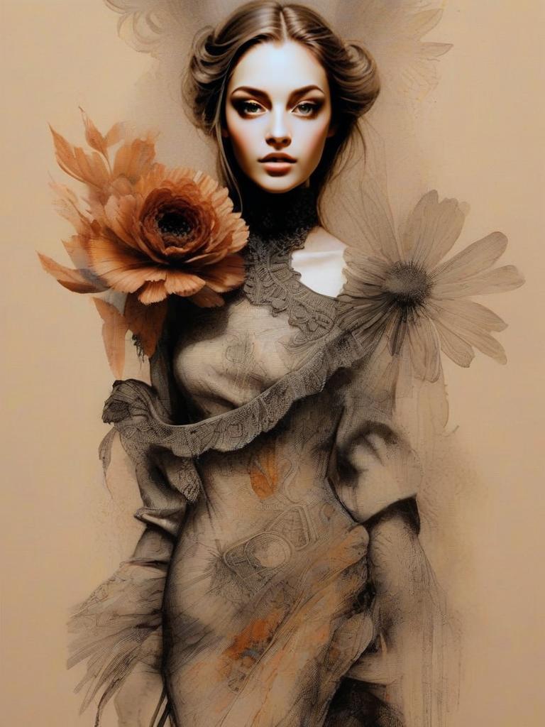 Elegant Digital Portrait of a Woman with Floral Motifs