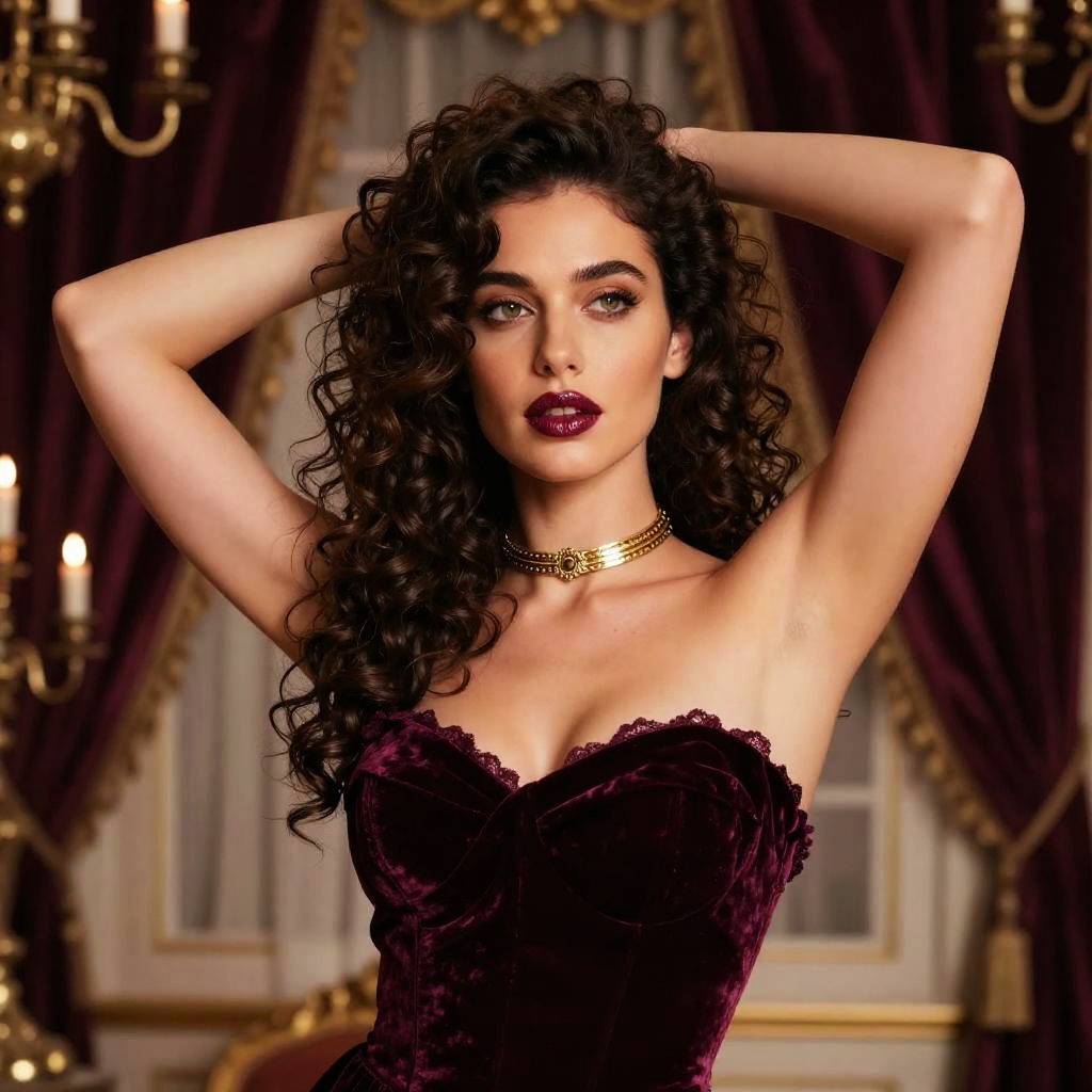 Elegant Woman in Burgundy Velvet Corset Dress with Gold Necklace