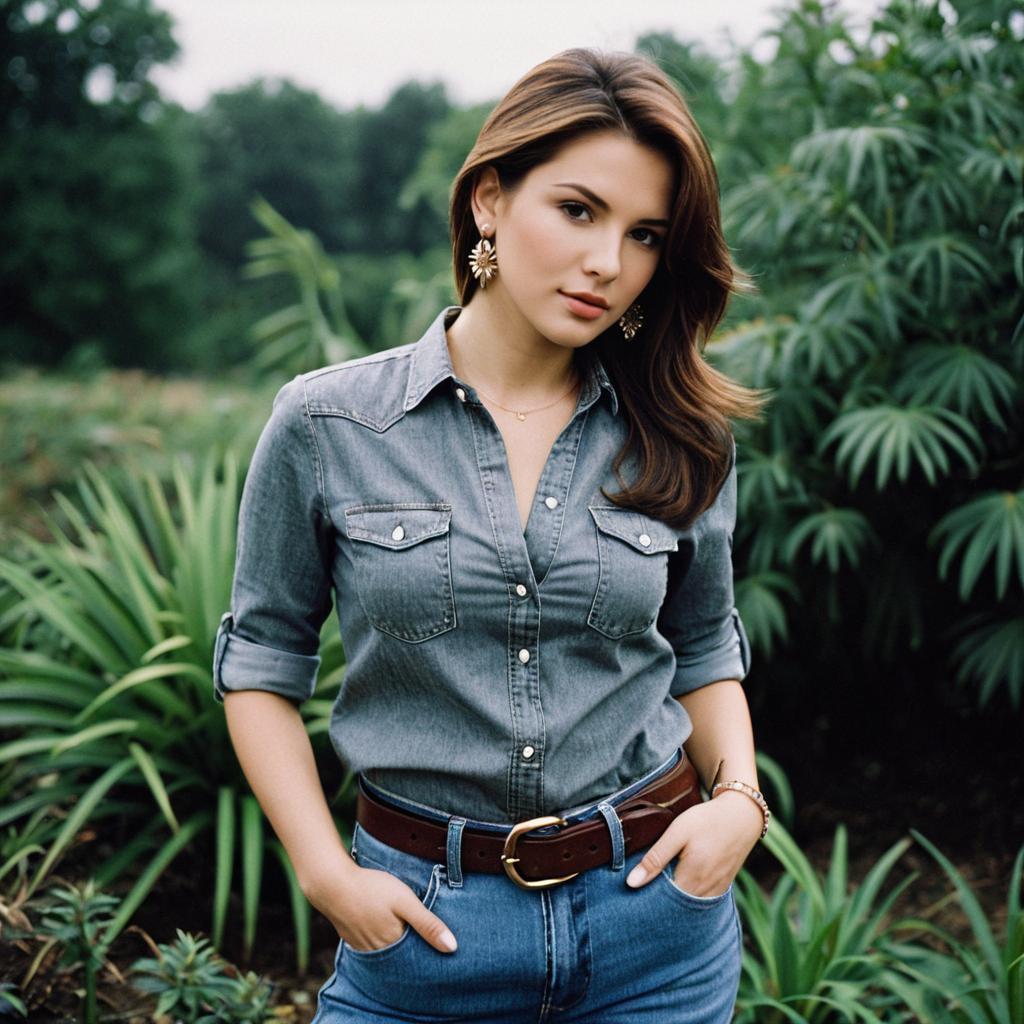 Young Woman in Denim Shirt Outdoors with Greenery Background