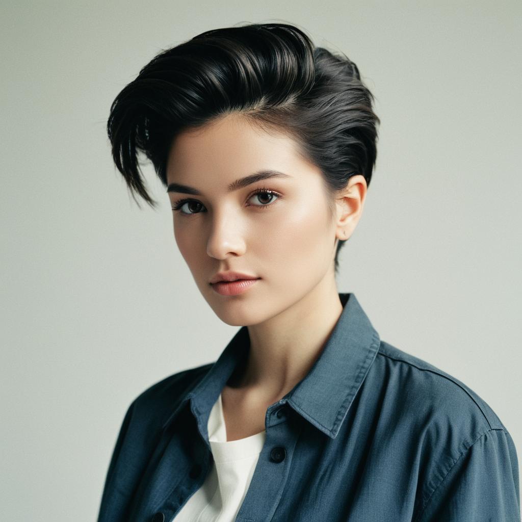 Portrait of Young Woman with Short Hair in Denim Jacket