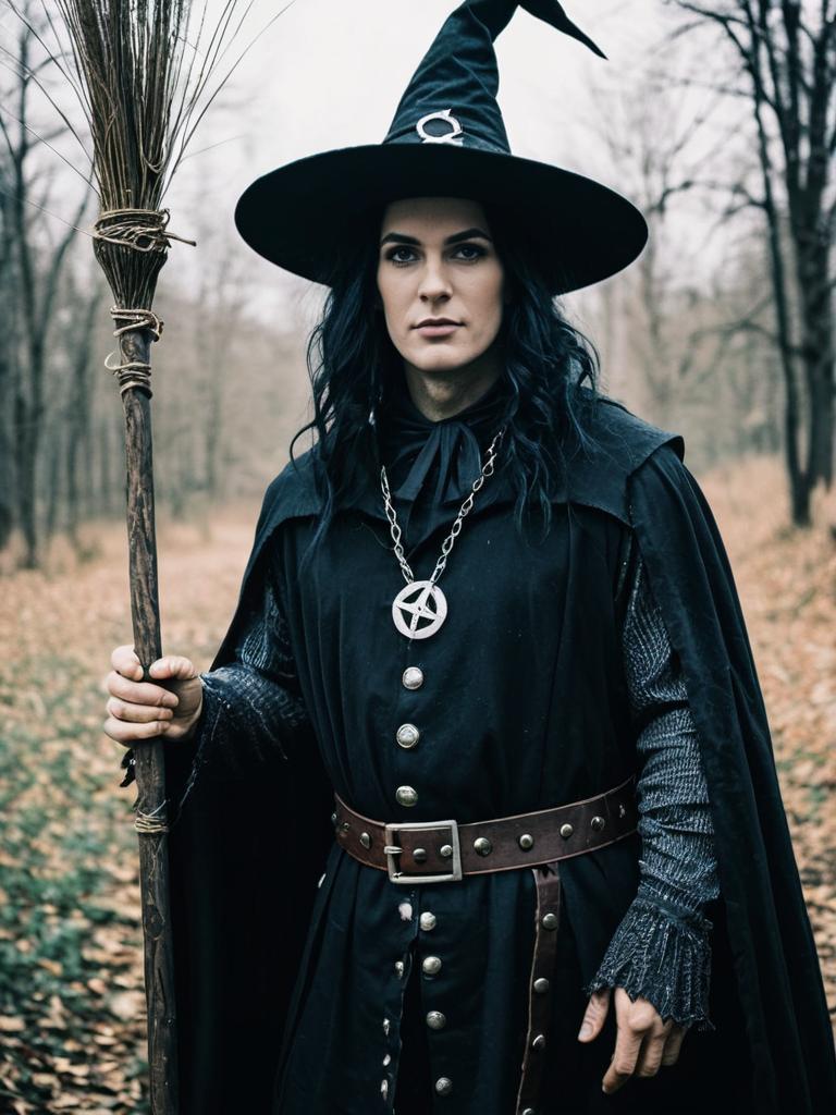 Man in Modern Witch Costume Holding Broom in Forest Fantasy Cosplay