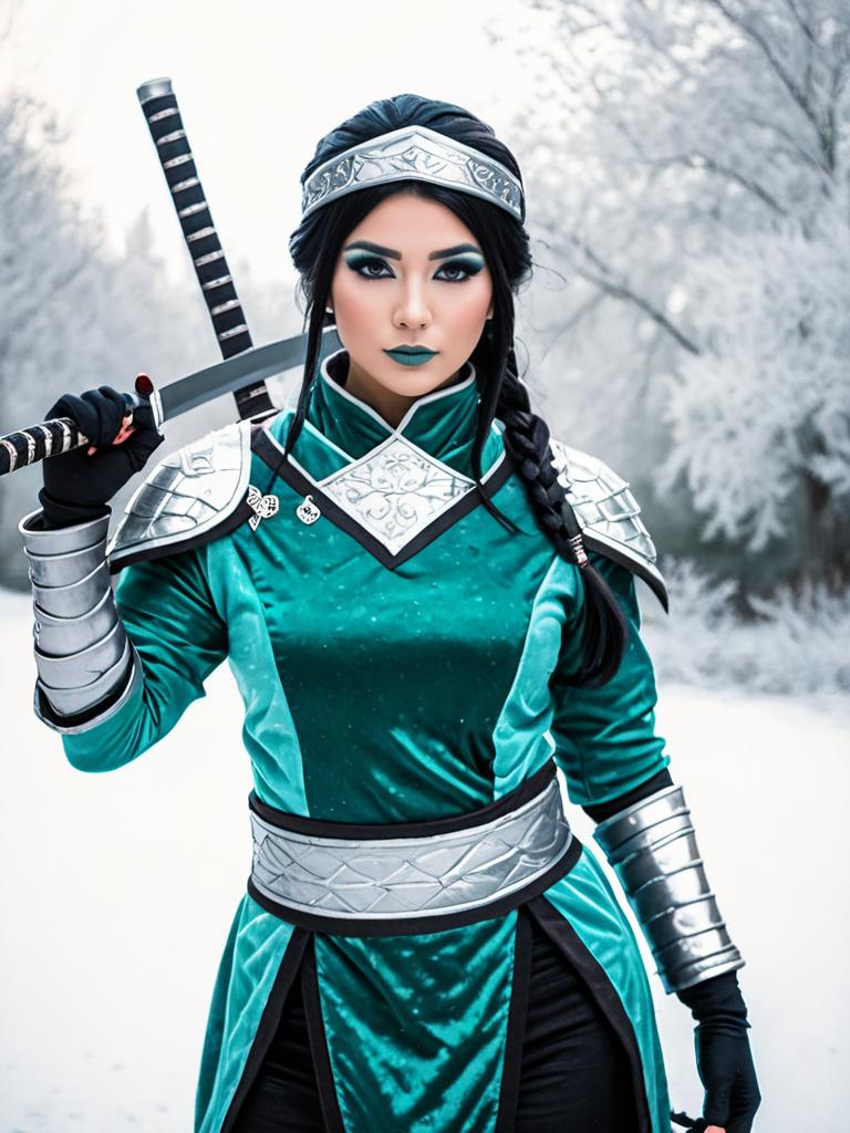 Woman in Emerald Green Fantasy Warrior Armor Holding Katana Sword in Snowy Forest
