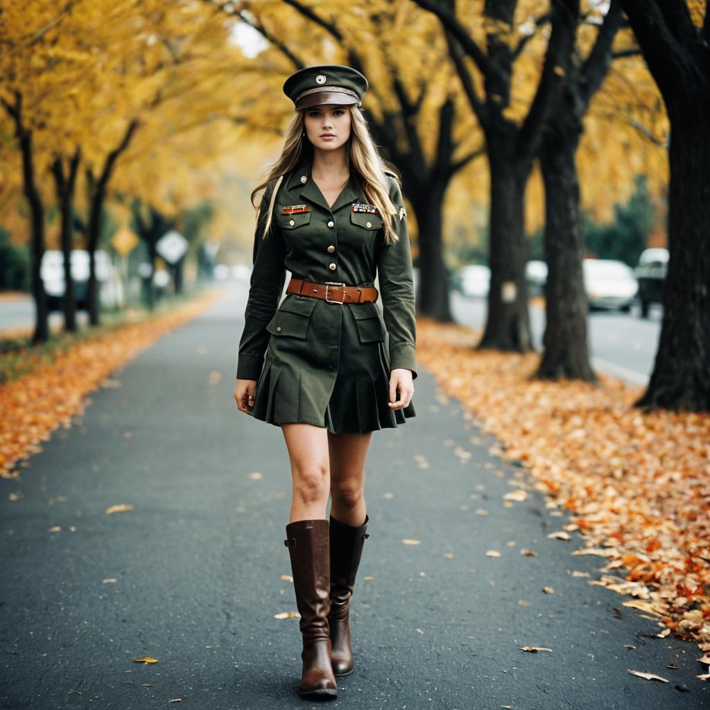 Confident Woman in Military-Inspired Outfit on Autumn Street Confident Woman in Military-Inspired Outfit on Autumn Street