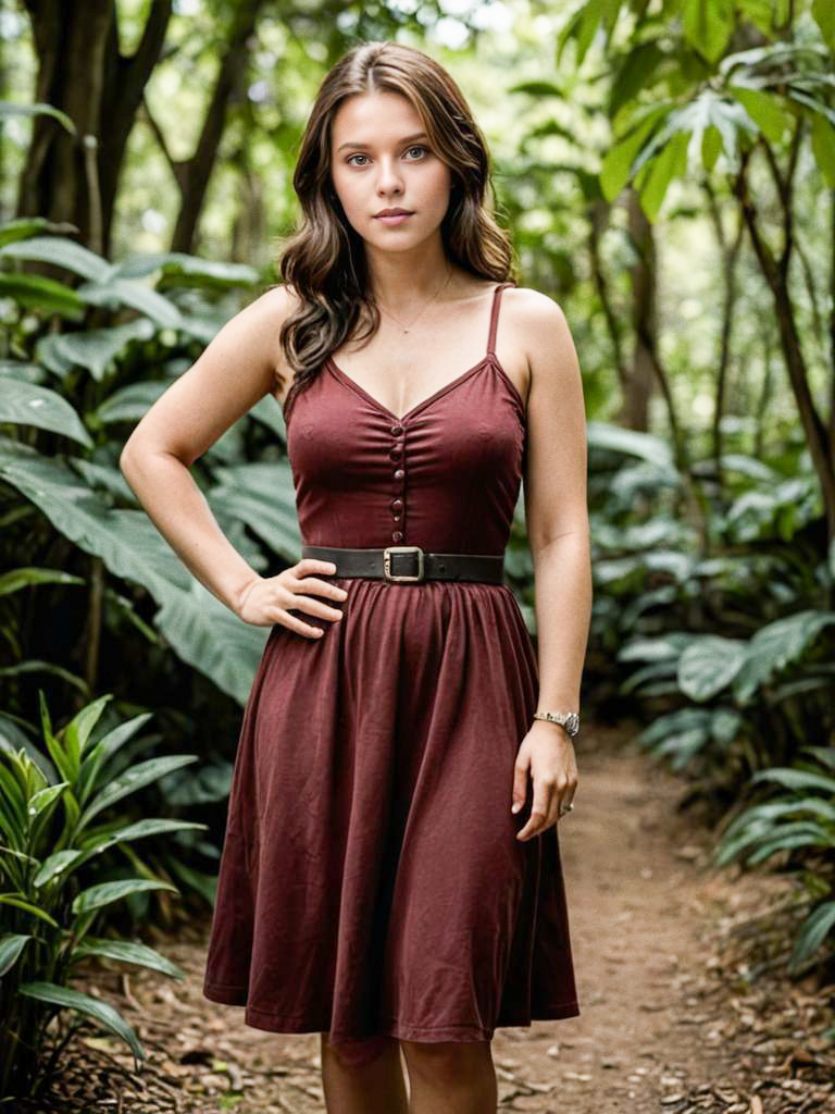 Confident Woman in Maroon Dress in Jungle