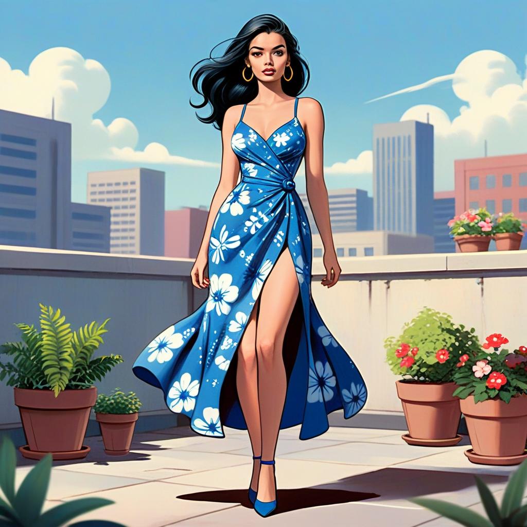 Stylish Woman in Blue Floral Dress on Urban Rooftop Digital Art