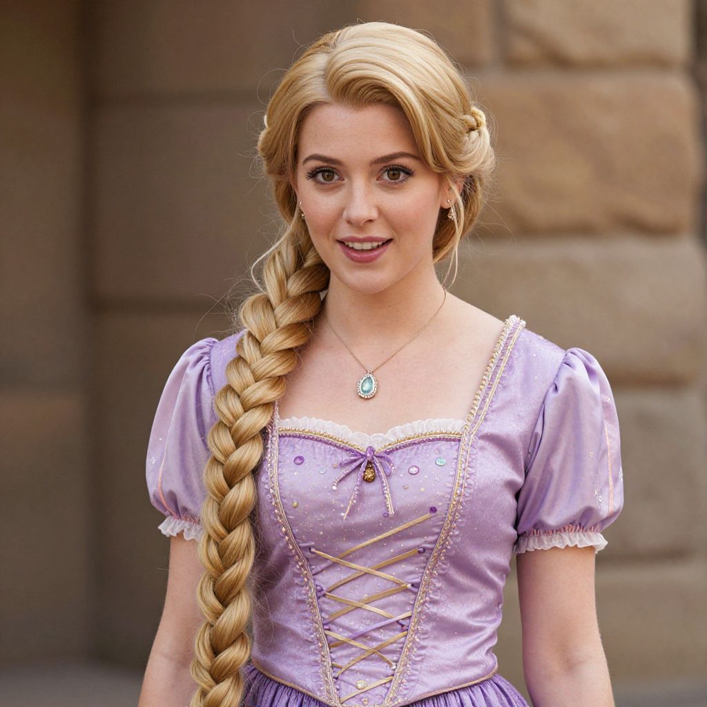 Woman in Purple Rapunzel Costume with Long Blonde Braid
