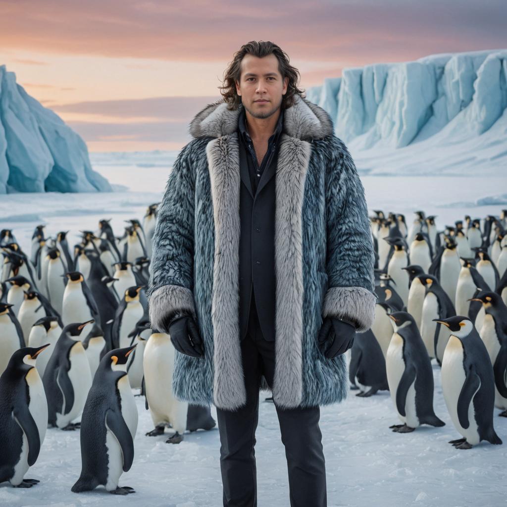 Stylish Man Among Emperor Penguins at Sunset