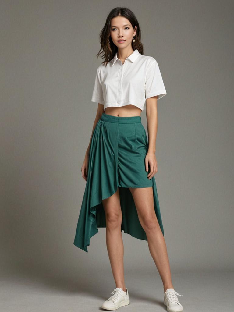 Stylish Woman in Cropped Blouse and High-Low Green Skirt