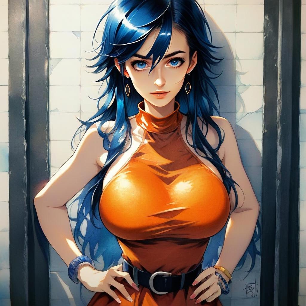 Confident Woman with Blue Hair in Orange Top