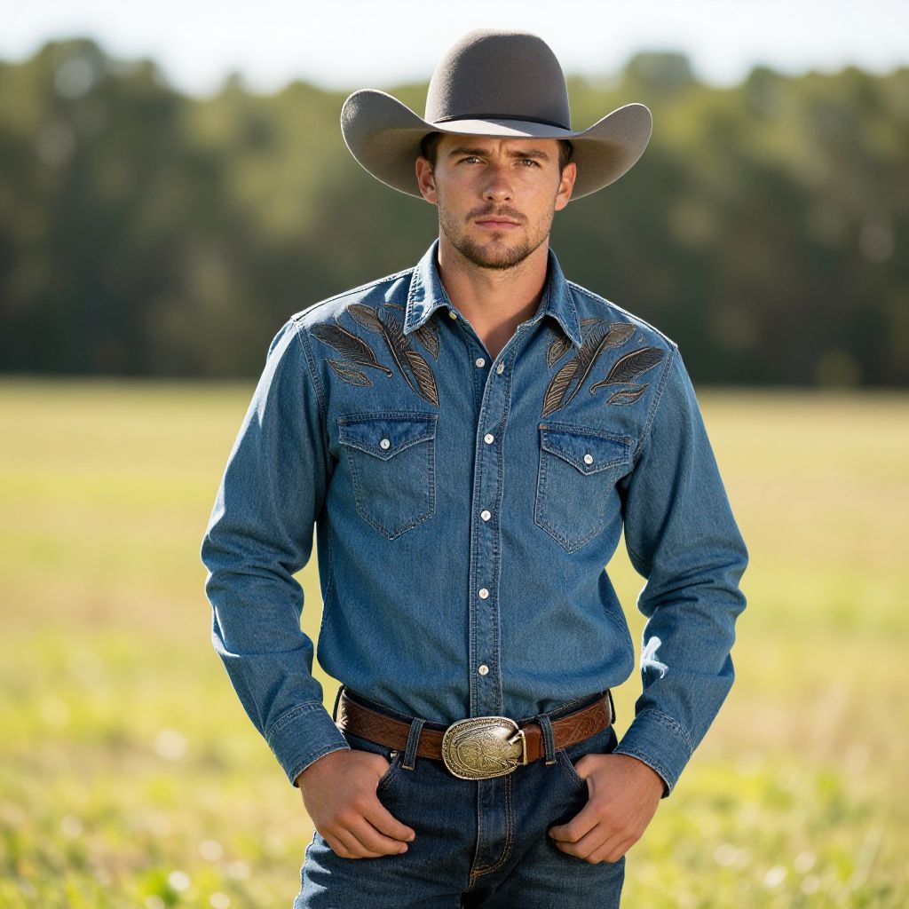 Young Man in Western Cowboy Hat and Embroidered Denim Shirt in Field