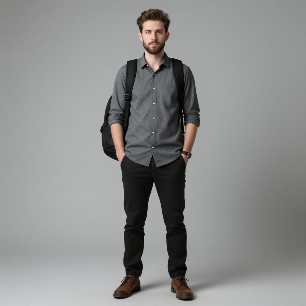 Young Man with Backpack in Casual Modern Outfit Standing Against Gray Background