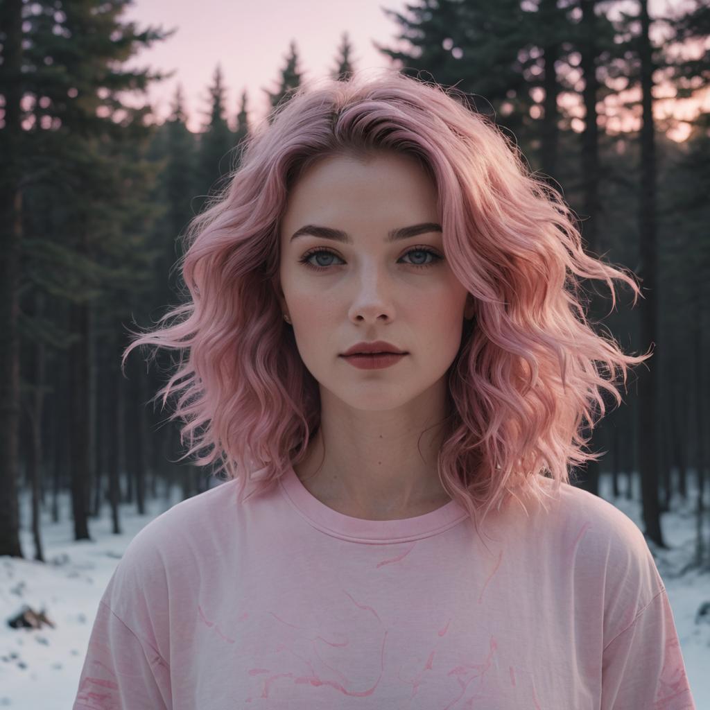 Young Woman with Pink Wavy Hair in Snowy Forest at Sunset