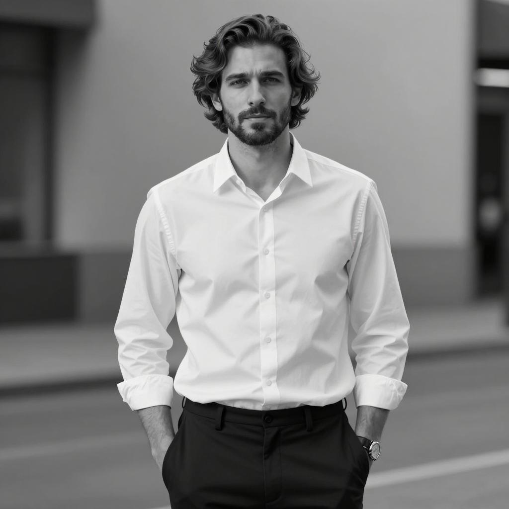 Stylish Young Man in White Shirt Black and White Portrait